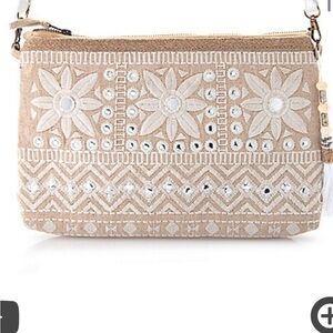 NWT Indigo Moon "Rupa" Embroidered Canvas Mirror Detailed Shoulder Bag